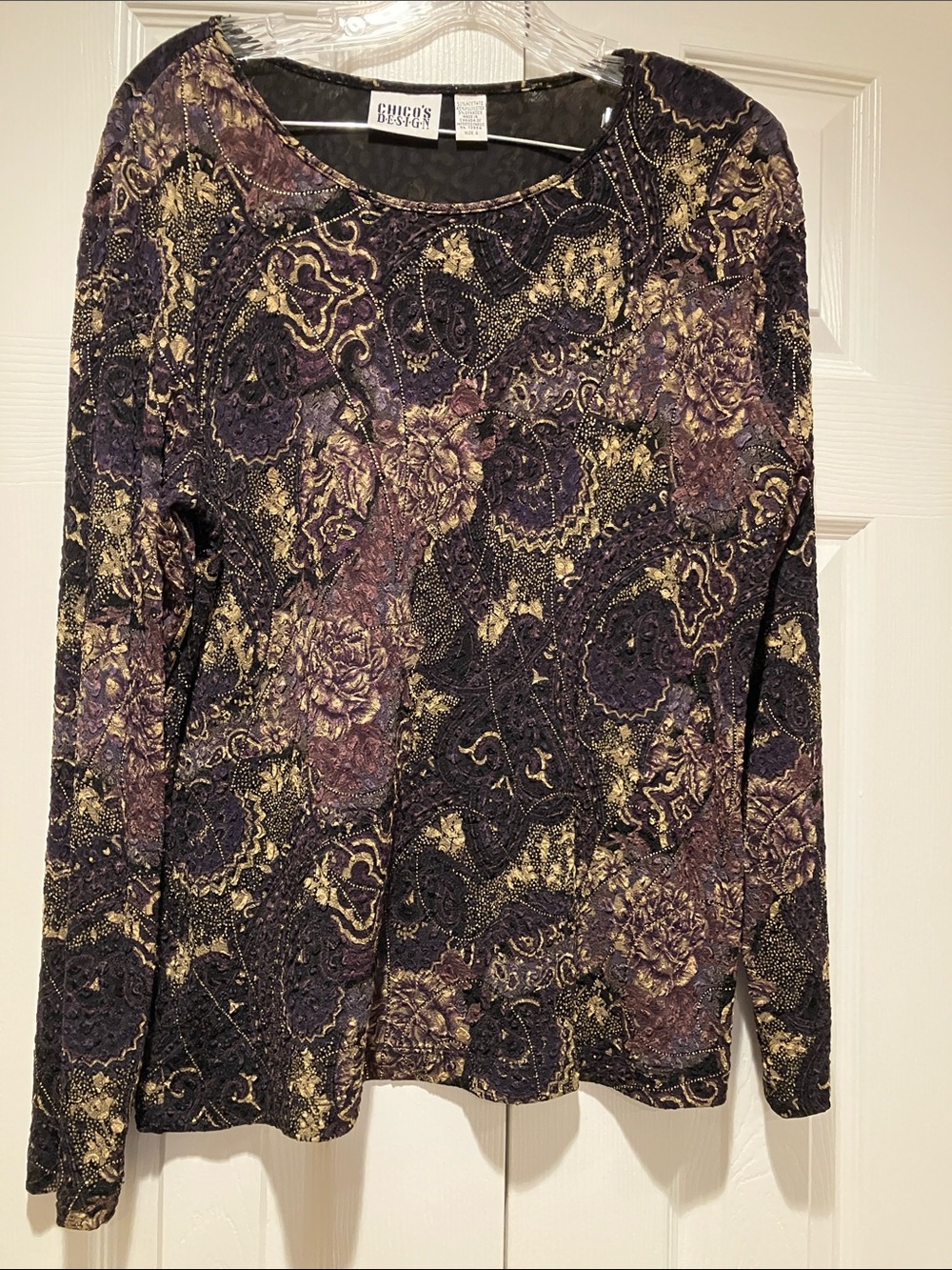 Chico's Black, Purple & Gold Long-Sleeve Printed Top